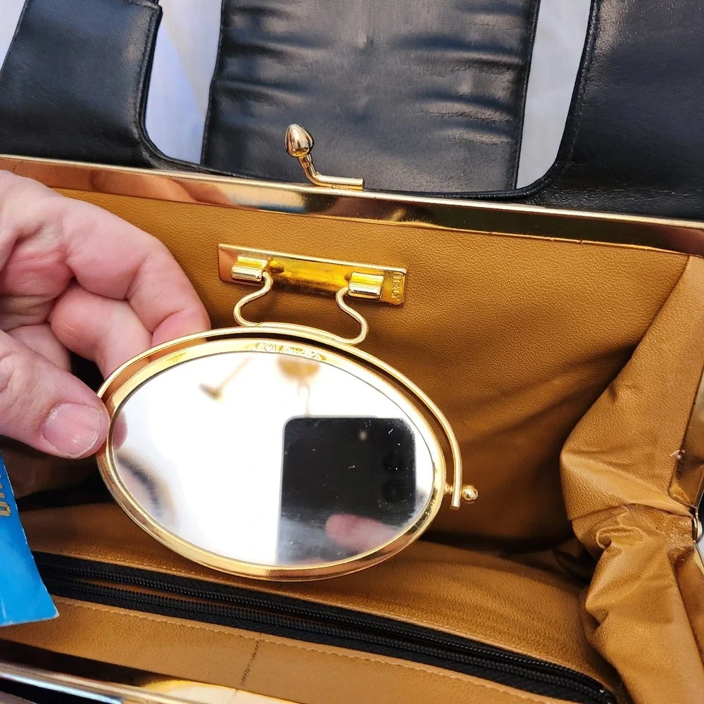 Vintage Lou Taylor Black Leather Shoulder Bag 1970s Designer Purse,Signed Mirror